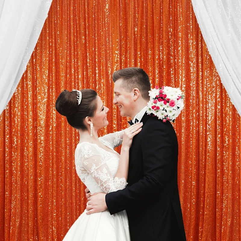 ShinyBeauty Shimmer Curtains - 8FTx8FT Orange Glitter Backdrop Fabric Curtain Sequin Photo Backdrop - Image 2